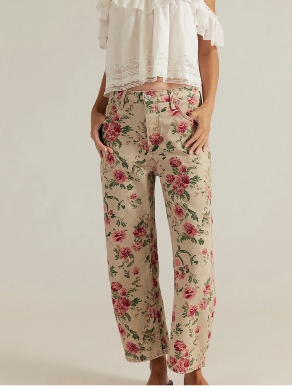 Free People Beige Floral High-Rise Straight Jeans